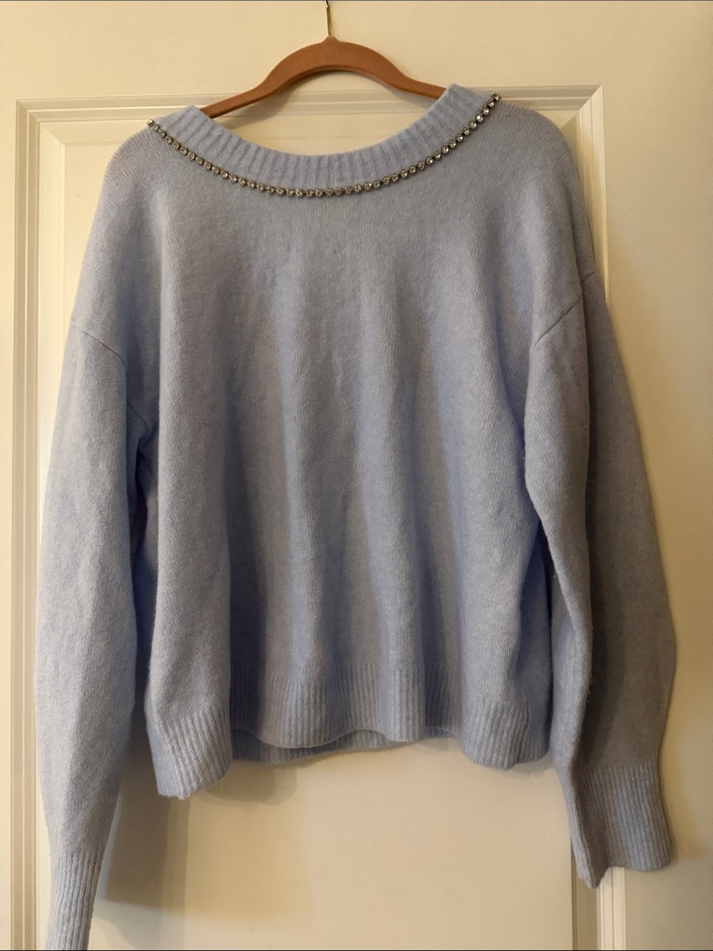 Express V-Neck Light Blue Sweater with Rhinestone Bow Accent - Picture 3 of 7